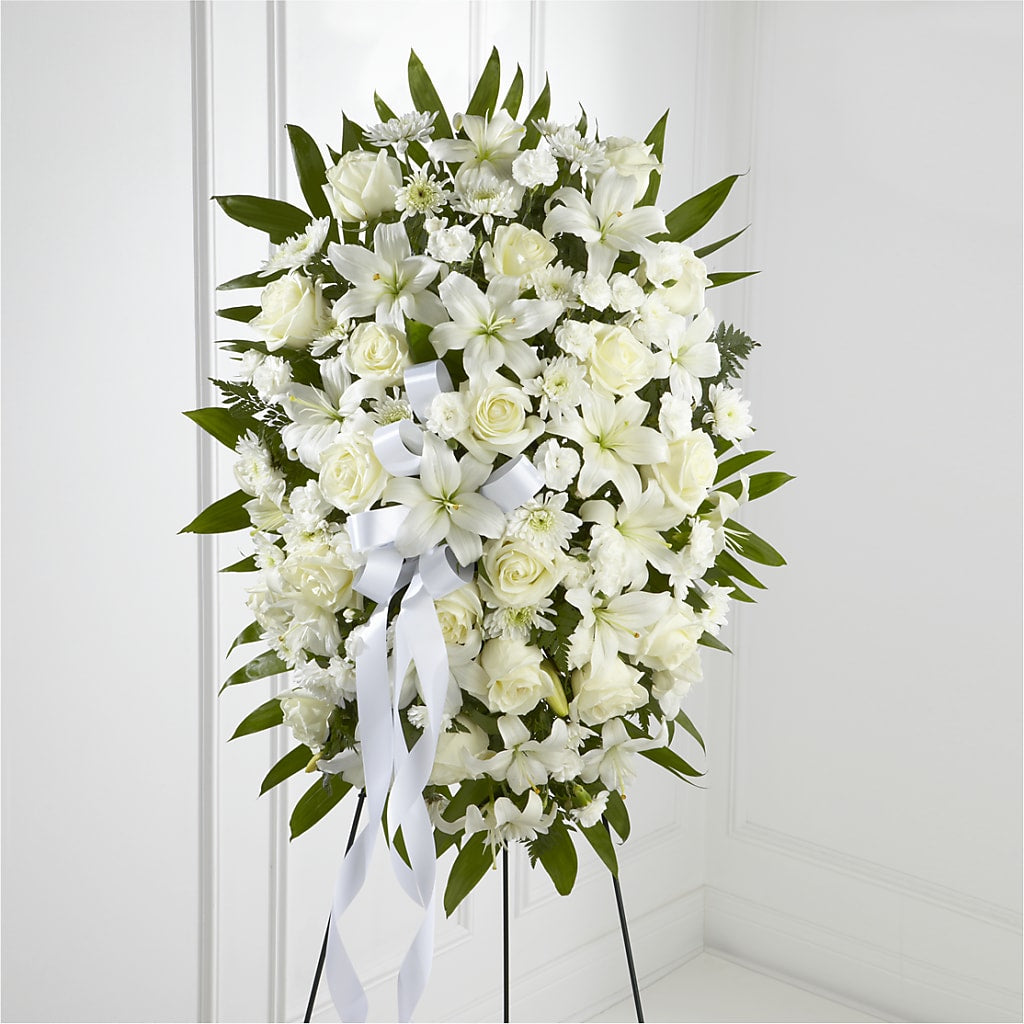 Exquisite Tribute Standing Spray-White Ribbon – FLOWERS & GIFTS AT ROTH'S, Salem OR