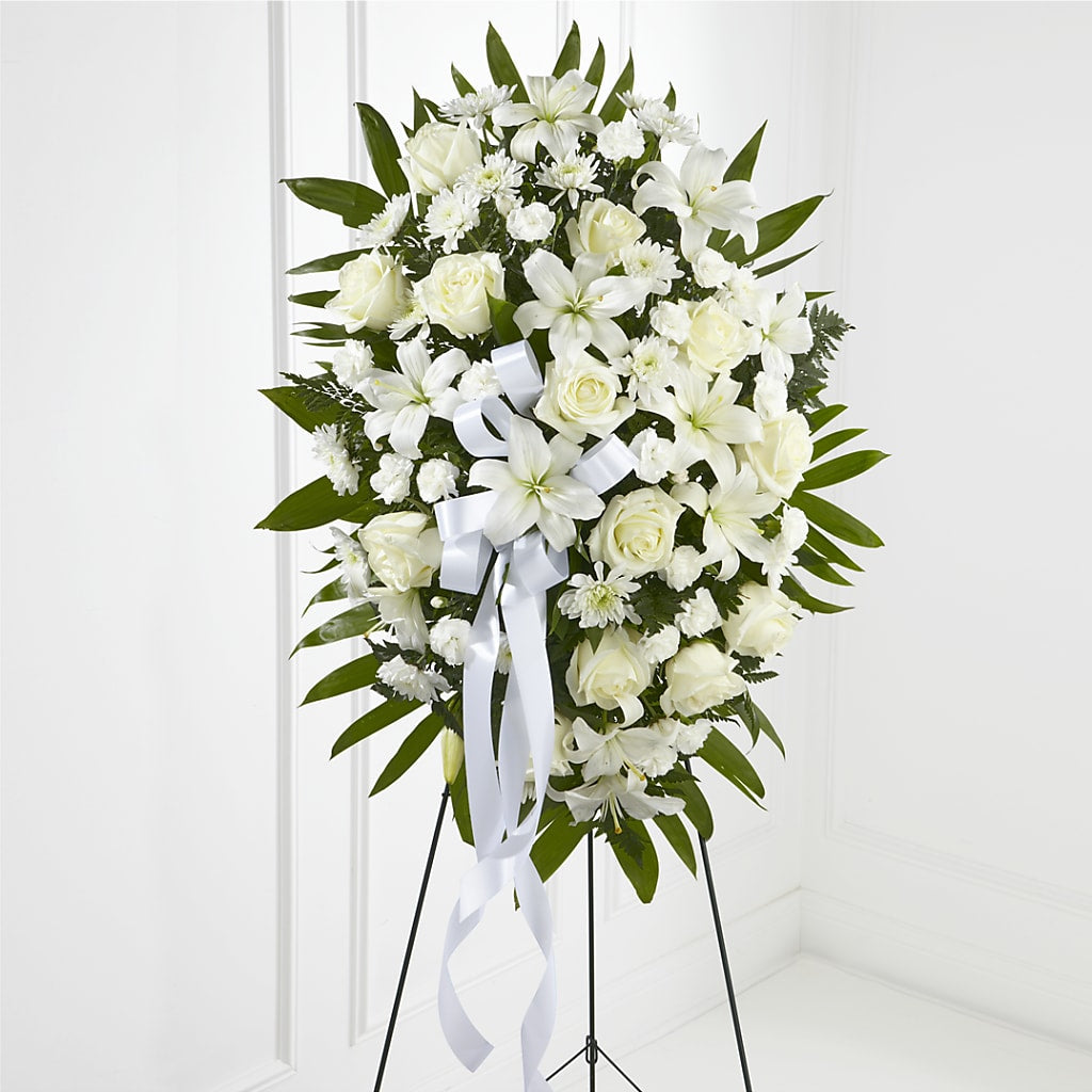 Exquisite Tribute Standing Spray-White Ribbon – FLOWERS & GIFTS AT ROTH'S, Salem OR